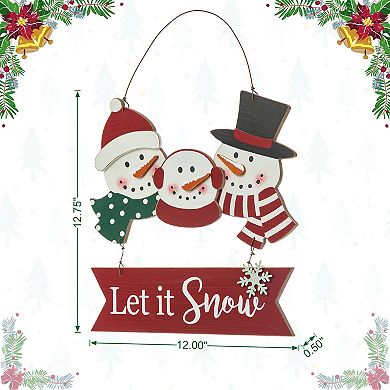 Glitzhome 12.75“H Christmas Snowman Family Wall Decor, Let it Snow Hanging Wood Wall Art Sign