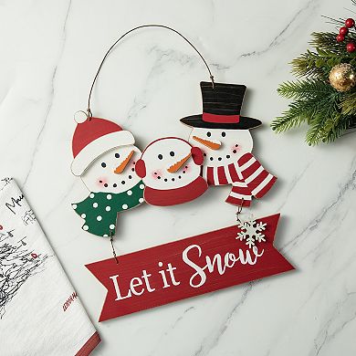 Glitzhome 12.75“H Christmas Snowman Family Wall Decor, Let it Snow Hanging Wood Wall Art Sign
