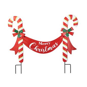 Glitzhome 36" L Christmas Metal Candy Cane Yard Stake,Metal Merry Christmas Sign Wall Decor