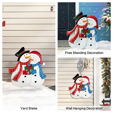 Glitzhome 30"H Metal Snowman Yard Stake, Welcome Sign Garden Standing Decor for Christmas