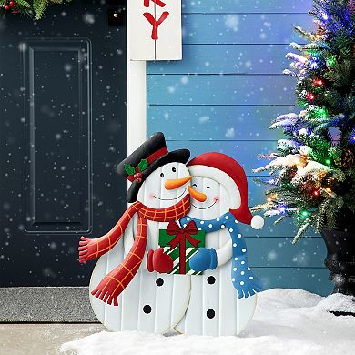 Glitzhome 30"H Metal Snowman Yard Stake, Welcome Sign Garden Standing Decor for Christmas