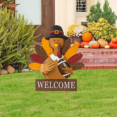 Glitzhome 29.92" H Thanksgiving Turkey Yard Stakes, Fall Harvest Metal Welcome Sign Wall Decor