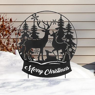 Glitzhome 30"H Metal Reindeer Family Silhouette Yard Stakes,Christmas Waterglobe Shape Hanging Decor