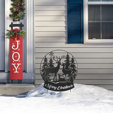 Glitzhome 30"H Metal Reindeer Family Silhouette Yard Stakes,Christmas Waterglobe Shape Hanging Decor