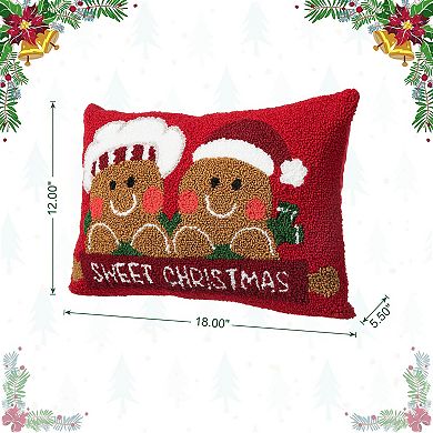 Glitzhome Hooked Gingerbread Boy & Girl Pillow, Christmas Throw Pillows Cushion, 18" Lx12 H