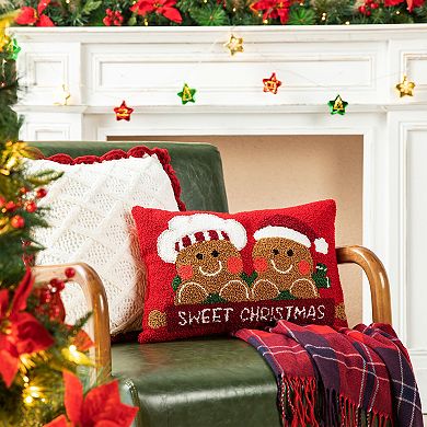 Glitzhome Hooked Gingerbread Boy & Girl Pillow, Christmas Throw Pillows Cushion, 18" Lx12 H