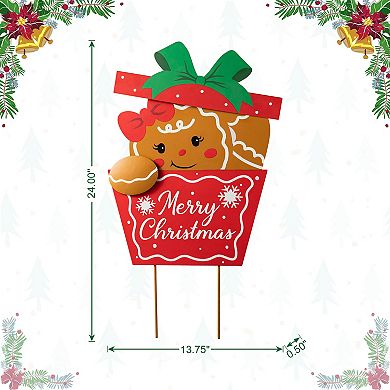 Glitzhome 24"H Metal Gingerbread Giftbox Yard Sign Stake, Xmas Standing Wall Hanging Decoration