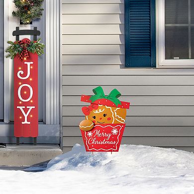 Glitzhome 24"H Metal Gingerbread Giftbox Yard Sign Stake, Xmas Standing Wall Hanging Decoration