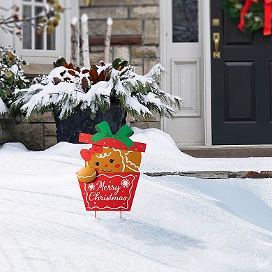 Glitzhome 24"H Metal Gingerbread Giftbox Yard Sign Stake, Xmas Standing Wall Hanging Decoration