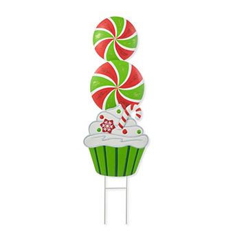 Glitzhome Metal Peppermint and Cupcake Yard Sign Stake, 36.25" H Christmas Wall Hanging Decoration