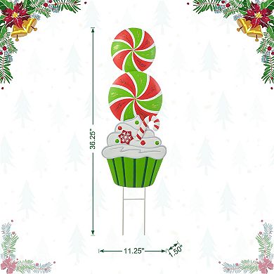 Glitzhome Metal Peppermint and Cupcake Yard Sign Stake, 36.25" H Christmas Wall Hanging Decoration