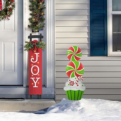 Glitzhome Metal Peppermint and Cupcake Yard Sign Stake, 36.25" H Christmas Wall Hanging Decoration