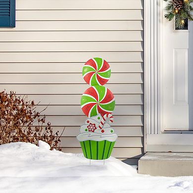 Glitzhome Metal Peppermint and Cupcake Yard Sign Stake, 36.25" H Christmas Wall Hanging Decoration