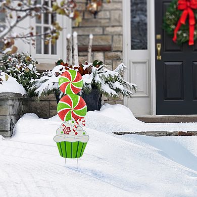Glitzhome Metal Peppermint and Cupcake Yard Sign Stake, 36.25" H Christmas Wall Hanging Decoration