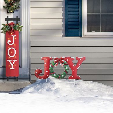 Glitzhome 23.75"L Metal Christmas JOY Yard Sign with Stake, Xmas Decorative Wall Hanging Decoration