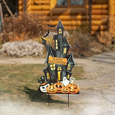 Glitzhome 32"H Haunted House Yard Stake, Halloween Metal Hanging Wall Decor