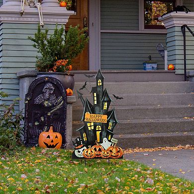 Glitzhome 32"H Haunted House Yard Stake, Halloween Metal Hanging Wall Decor