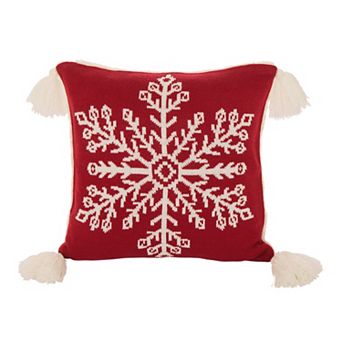 Glitzhome Christmas Knitted Acrylic Red Pillow Cover Snowflake Pattern, 18 x 18 Inch