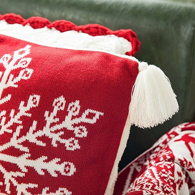 Glitzhome Christmas Knitted Acrylic Red Pillow Cover Snowflake Pattern, 18 x 18 Inch