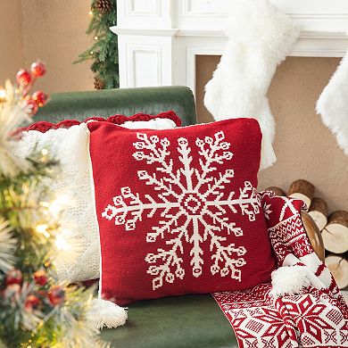 Glitzhome Christmas Knitted Acrylic Red Pillow Cover Snowflake Pattern, 18 x 18 Inch