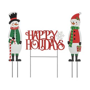 Glitzhome Set of 3 Snowman and HAPPY HOLIDAYS Yard Stakes,Christmas Metal Snowman Garden Signs