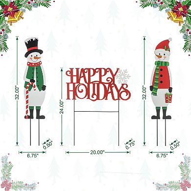 Glitzhome Set of 3 Snowman and HAPPY HOLIDAYS Yard Stakes,Christmas Metal Snowman Garden Signs