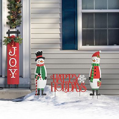 Glitzhome Set of 3 Snowman and HAPPY HOLIDAYS Yard Stakes,Christmas Metal Snowman Garden Signs