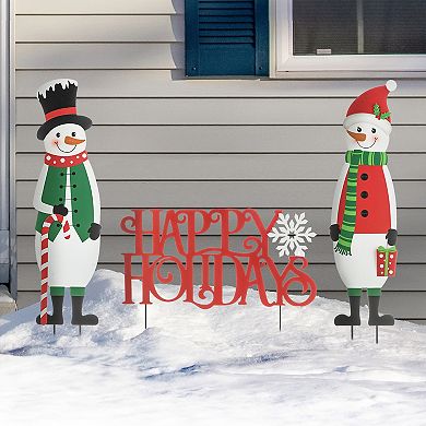 Glitzhome Set of 3 Snowman and HAPPY HOLIDAYS Yard Stakes,Christmas Metal Snowman Garden Signs