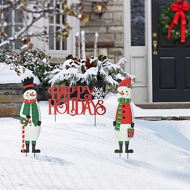 Glitzhome Set of 3 Snowman and HAPPY HOLIDAYS Yard Stakes,Christmas Metal Snowman Garden Signs