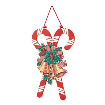 Glitzhome 20"H Christmas Candy Cane Porch Sign, Wood Wall Decor With Bells Bow Knot Pattern