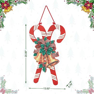 Glitzhome 20"H Christmas Candy Cane Porch Sign, Wood Wall Decor With Bells Bow Knot Pattern