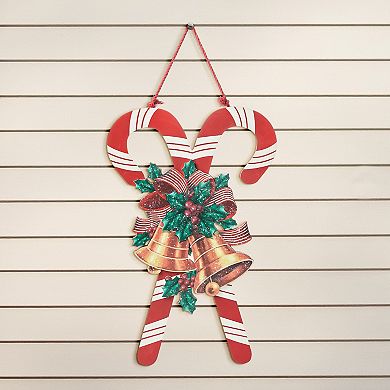 Glitzhome 20"H Christmas Candy Cane Porch Sign, Wood Wall Decor With Bells Bow Knot Pattern
