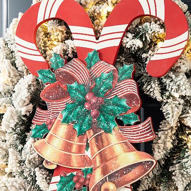 Glitzhome 20"H Christmas Candy Cane Porch Sign, Wood Wall Decor With Bells Bow Knot Pattern