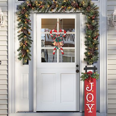 Glitzhome 20"H Christmas Candy Cane Porch Sign, Wood Wall Decor With Bells Bow Knot Pattern