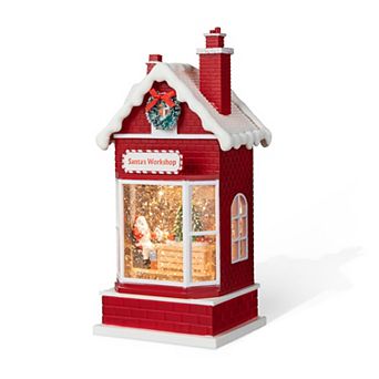 Glitzhome 10.5" H Lighted Santa's Workshop Waterglobe, Greeting Santa House Shape Water Globe