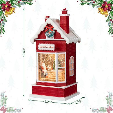 Glitzhome 10.5" H Lighted Santa's Workshop Waterglobe, Greeting Santa House Shape Water Globe