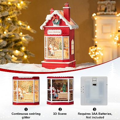 Glitzhome 10.5" H Lighted Santa's Workshop Waterglobe, Greeting Santa House Shape Water Globe