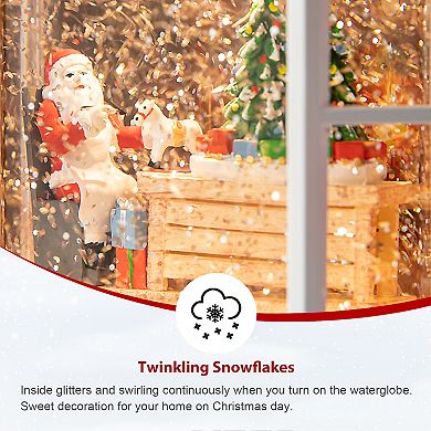 Glitzhome 10.5" H Lighted Santa's Workshop Waterglobe, Greeting Santa House Shape Water Globe