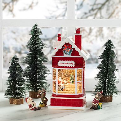 Glitzhome 10.5" H Lighted Santa's Workshop Waterglobe, Greeting Santa House Shape Water Globe