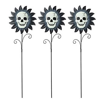 Glitzhome Set Of 3 Sunflower Skulls Glow-in-Dark Yard Stake, 24"h Halloween Metal Hanging Wall Decor