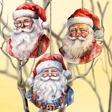 Jolly Santa Faces Wooden Christmas Ornaments Set Of 3 By G. Debrekht