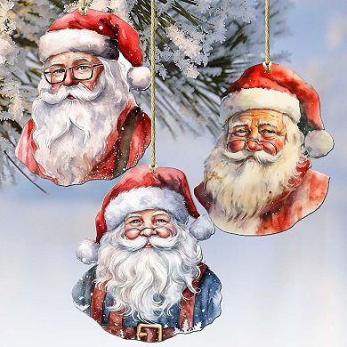 Jolly Santa Faces Wooden Christmas Ornaments Set Of 3 By G. Debrekht