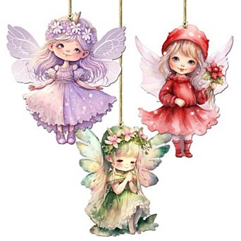 Colorful Fairies Wooden Christmas Ornaments Set Of 3 By G. Debrekht