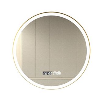 Ozarke Gold Frame LED Vanity Mirror Wall Mounted With Anti-fog and Digital Clock