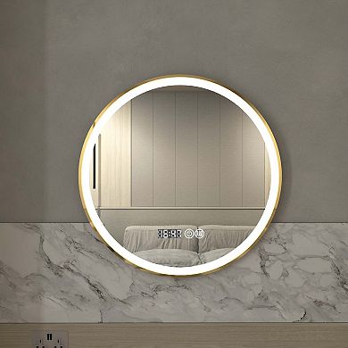 Ozarke Gold Frame LED Vanity Mirror Wall Mounted With Anti-fog and Digital Clock