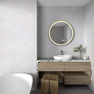 Ozarke Gold Frame LED Vanity Mirror Wall Mounted With Anti-fog and Digital Clock
