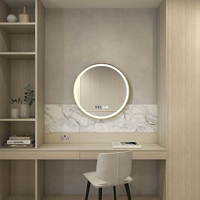 Ozarke Gold Frame LED Vanity Mirror Wall Mounted With Anti-fog and Digital Clock