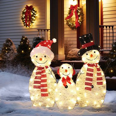 LuxenHome Snowman Family Trio Indoor And Outdoor Holiday Decoration With Lights