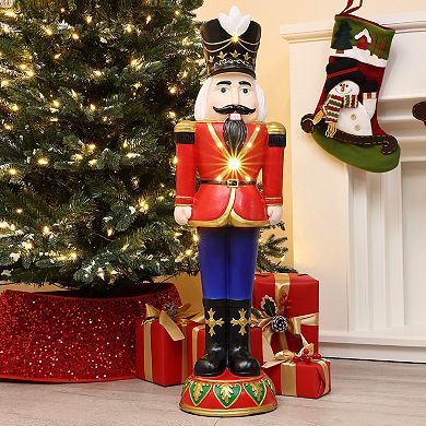 LuxenHome 3ft Tall Traditional Nutcracker Soldier In Red With Lights