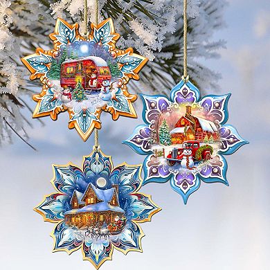 Waiting For Christmas Snowflake Wooden Christmas Ornaments Set Of 3 By G. Debrekht